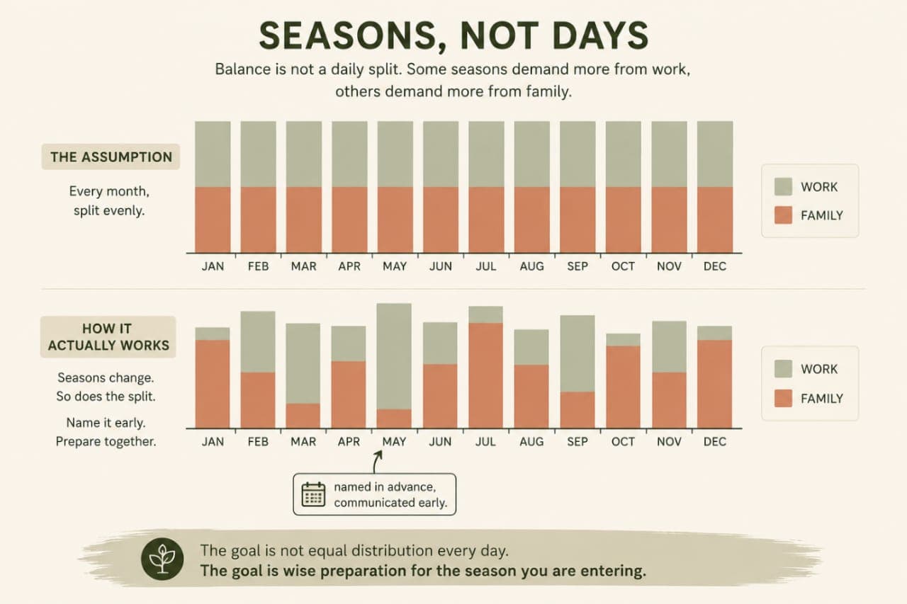 Seasons, Not Days bar chart: the assumption is an even work/family split every month; how it actually works is a bar chart of Jan through Dec where the split between work and family shifts month to month, with a callout noting each season should be named in advance and communicated early. Caption: The goal is not equal distribution every day. The goal is wise preparation for the season you are entering.